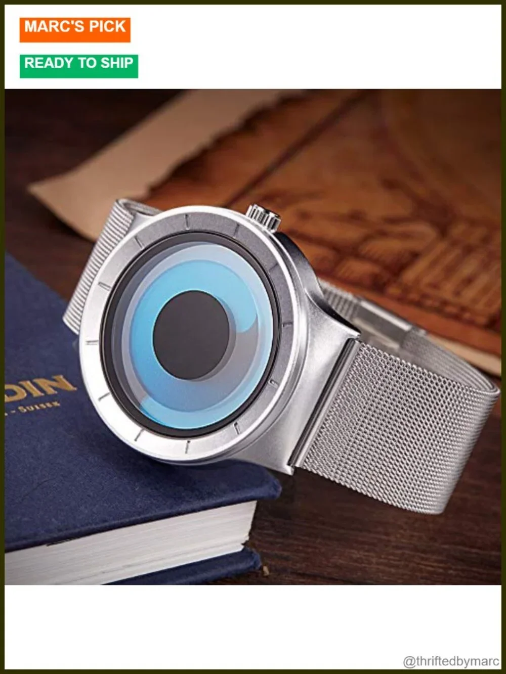 Creative No Hands Dial Watch with Japanese Movement Steel Mesh Band